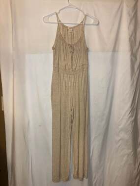 Monteau Los Angeles Tan Linen Blend Sleeveless Smocked Waist Wide Leg Jumpsuit